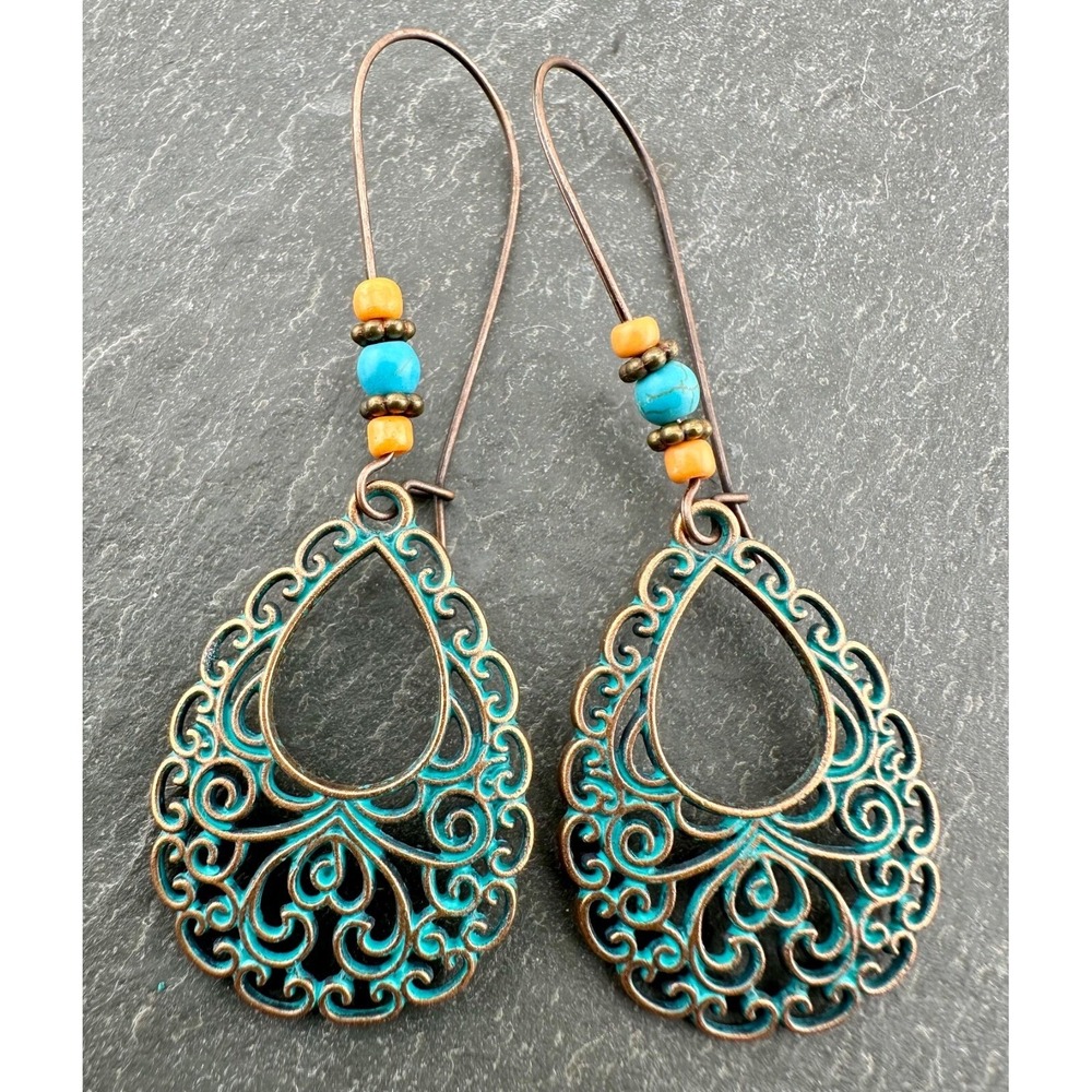 Boho Filigree Scalloped Earrings Copper Alloy Turquoise Patina